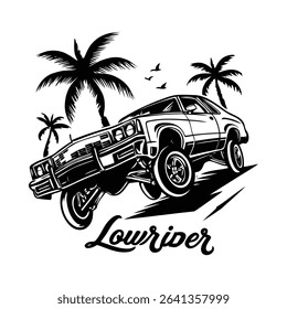 Lowrider car silhouette with palm trees and birds, a striking black and white design.