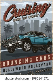 Lowrider car vintage colorful poster with bouncing automobile on city and palm trees landscape vector illustration svg