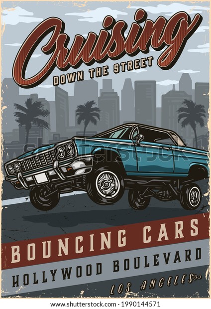 Lowrider car\
vintage colorful poster with bouncing automobile on city and palm\
trees landscape vector\
illustration