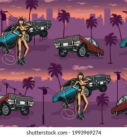 Lowrider cars colorful vintage seamless pattern with custom bouncing cars pretty winking woman in mechanic uniform on electric poles palm trees and city background vector illustration