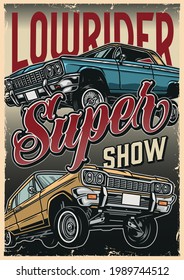 Lowrider cars show colorful poster in vintage style with american bouncing automobiles vector illustration