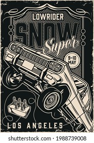 Lowrider cars super show vintage poster with letterings and custom american bouncing automobile in monochrome style vector illustration