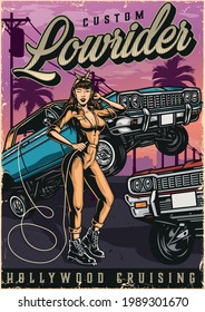 Lowrider custom american cars colorful poster in vintage style with pretty winking woman in mechanic uniform and bouncing automobiles vector illustration