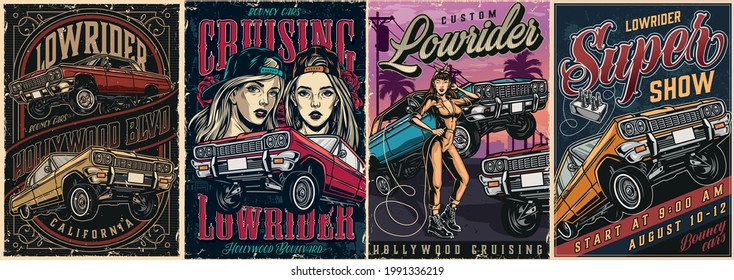 Lowrider custom cars vintage colorful posters with bouncing automobiles pretty girls in baseball caps and beautiful winking woman in mechanic uniform vector illustration svg