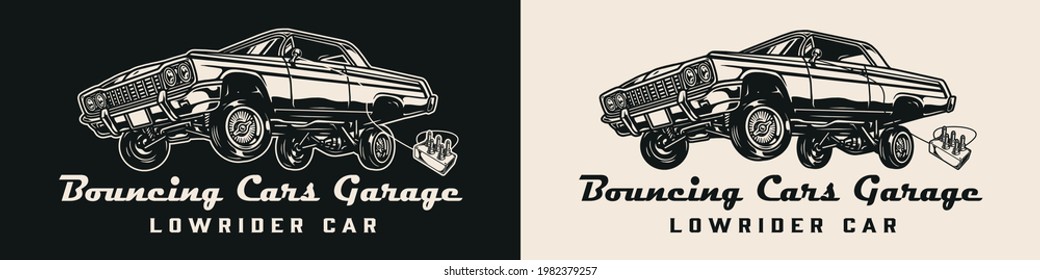 Lowrider custom garage vintage emblem in monochrome style with bouncing car and remote control of suspension isolated vector illustration