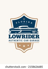 Lowrider logo template. Vintage style vector illustration element for retro design label. Suitable for garage, shops, tires, car wash, car restoration, repair and racing. Authentic car garage logo svg