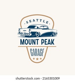 Lowrider logo template. Vintage style vector illustration element for retro design label. Suitable for garage, shops, tires, car wash, car restoration, repair and racing. Authentic car garage logo
