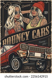 Lowriding bouncy car poster colorful with two girl friends in fashionable clothes inviting to Texas for car show vector illustration