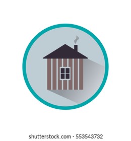Low-rise construction. A house with a window. The scheme of the garden. Vector. Round background. 