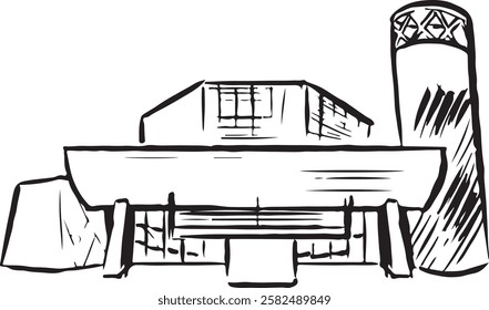 The Lowry, Manchester, England black and white ink sketch. Striking modern architecture with sleek design, home to art galleries and cultural exhibitions. Tourism, travel, and heritage project