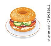 Lox bagel on a plate vector illustration. Bagel with salmon, cucumber, onion and cream cheese icon isolated on a white background. Sesame bagel sandwich drawing