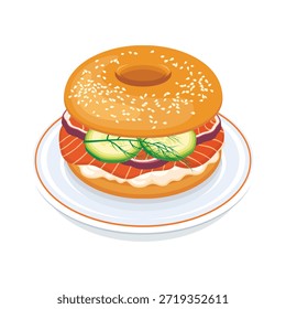 Lox Bagel auf einer Platte, Vektorgrafik. Bagel mit Lachs, Gurke, Zwiebel und Frischkäse-Symbol einzeln auf weißem Hintergrund. Sandwichzeichnung mit Sesambagel