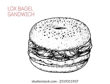 Boceto de sándwich de bagel Lox. Ilustración vectorial dibujada a mano.