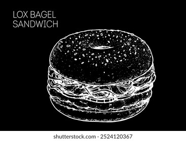 Lox bagel sandwich sketch. Hand drawn vector illustration.	