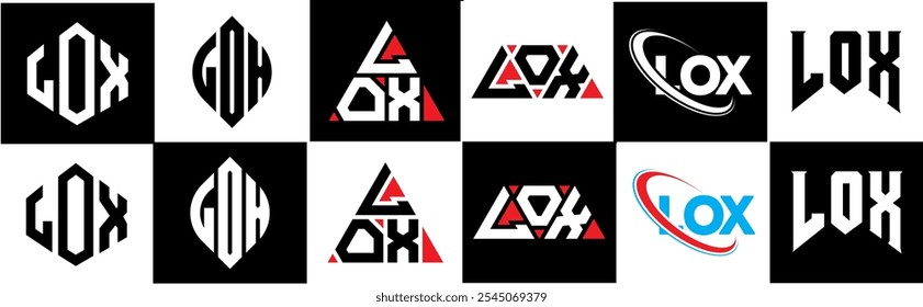 LOX letter logo design in six style. LOX polygon, circle, triangle, hexagon, flat and simple style with black and white color variation letter logo set in one artboard. LOX minimalist and classic logo