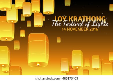 Loy Krathong 2016 greeting card and invitation. Yi Peng Festival. Text "The festival of lights". Fly fire lanterns in night sky. Thai holiday. Realistic vector EPS10 illustration