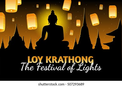 Loy Krathong 2016 greeting card and invitation. Yi Peng Festival. Text "The festival of lights". Fly fire lanterns in night sky. Thai holiday. Realistic vector EPS10 illustration