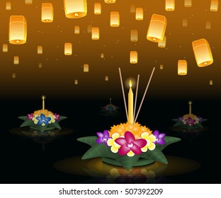 Loy Krathong 2016 greeting card and invitation. Yi Peng Festival. Floating krathongs on the water. Fly fire lanterns in night sky. Thai holiday. Realistic vector EPS10 illustration