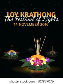 Loy Krathong 2016 greeting card and invitation. Yi Peng Festival. Text "The festival of lights". Floating krathongs on the water. Thai holiday. Realistic vector EPS10 illustration