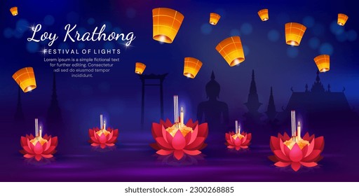 El concepto de pancarta de Loy Krathong. El agua de Lotus se encuentra sobre el agua con linternas. Fiesta asiática tradicional y festival indio. Elemento de diseño para la postal de bienvenida. Dibujo vectorial plano de dibujos animados