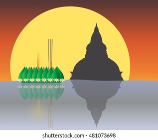 Loy Krathong with The Big Moon backgrond, Thai full moon traditional festival, illustration vector