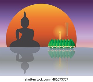 Loy Krathong with The Big Moon backgrond, Thai full moon traditional festival, illustration vector