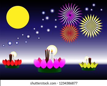 Loy Krathong Day is one of most popular holiday in Thailand. Krathong is lotus-shaped vessel made of banana leaves with candle and incents floating on river to apology and thank you for water goddness