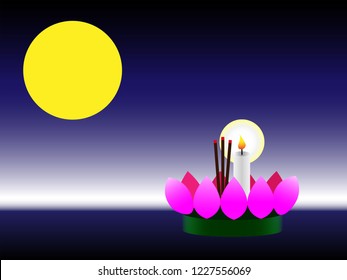 Loy Krathong Day is popular holiday in Thailand. Krathong is lotus-shaped vessel made of banana leaves with candle and incents floating on river at night to apology and thank you for water goddness