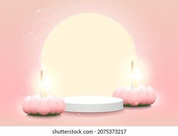 Loy Krathong Festival. Abstract scene. Stage podium decorated with Krathong-made from lotus petals, moon, firework on pink background. 3d pedestal backdrop. Celebration culture. Vector illustration.