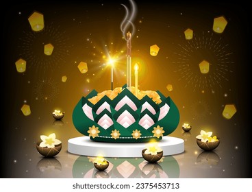 Loy Krathong Festival. Abstract scene. Krathong-made from banana leaf decorated with flower, incense, candle and firecrackers on white pedestal in night celebration sky scene. Vector illustration.