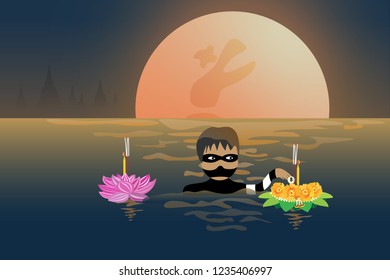 loy krathong festival background design robber theft steal coin in kratong,vector
