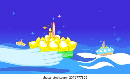 Loy Krathong festival background. Vector Thai traditional celebrating concept