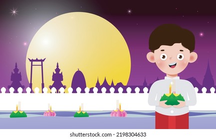 Loy Krathong Festival banner concept with cute Thai Children in National costume holding krathong in full moon night and lanterns Celebration and Culture of Thailand poster template background Vector