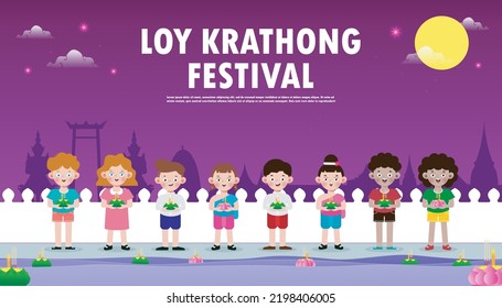 Loy Krathong Festival banner concept with cute Thai Children in National costume holding krathong in full moon night and lanterns Celebration and Culture of Thailand poster template background Vector