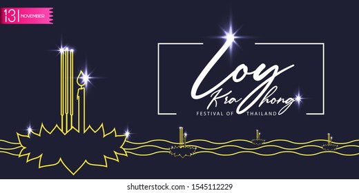 Loy Krathong festival with Banners Krathong floating on water on black background. Vector illustration.