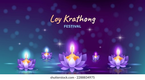 Loy Krathong festival. Bright lilies with candles on water at background of starry sky. Indian holiday and culture. Design element for invitation and greeting card. Realistic 3D vector illustration