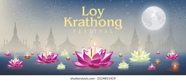 Loy Krathong festival Buddhism vector bokeh background banner design