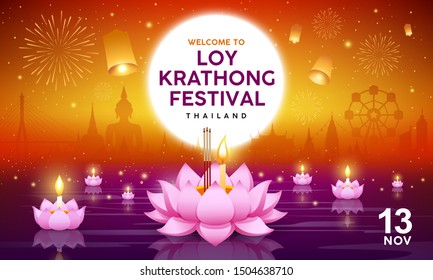 Loy Krathong festival building and landmark thailand, vector banners on righting orange background, illustration