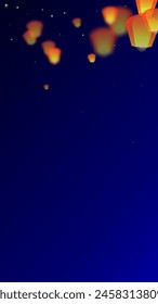 Loy krathong festival card. Thailand holiday with paper lantern lights flying in the night sky. Loy Krathong celebration. Vector illustration on dark blue background.