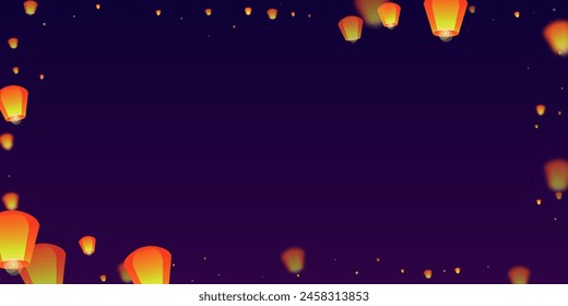 Loy krathong festival card. Thailand holiday with paper lantern lights flying in the night sky. Loy Krathong celebration. Vector illustration on purple gradient background.