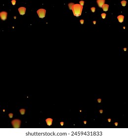 Loy krathong festival card. Thailand holiday with paper lantern lights flying in the night sky. Loy Krathong celebration. Vector illustration on black background.