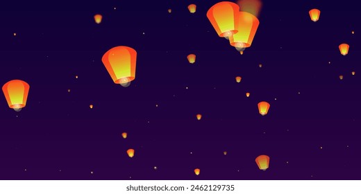 Loy krathong festival card. Thailand holiday with paper lantern lights flying in the night sky. Loy Krathong celebration. Vector illustration on purple gradient background.