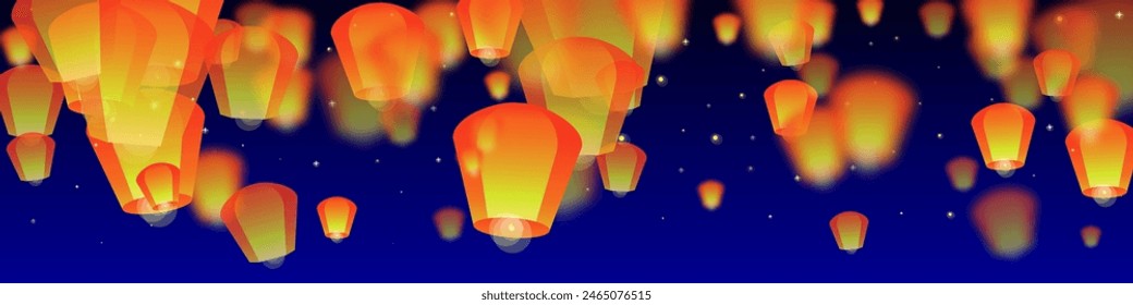 Loy krathong festival card. Thailand holiday with paper lantern lights flying in the night sky. Loy Krathong celebration. Vector illustration on dark blue background.