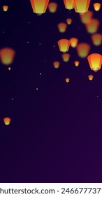 Loy krathong festival card. Thailand holiday with paper lantern lights flying in the night sky. Loy Krathong celebration. Vector illustration on purple gradient background.