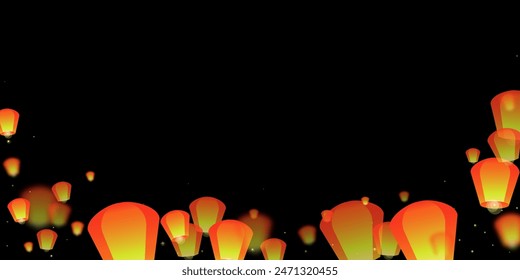 Loy krathong festival card. Thailand holiday with paper lantern lights flying in the night sky. Loy Krathong celebration. Vector illustration on black background.