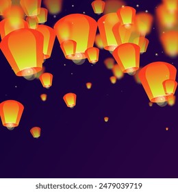Loy krathong festival card. Thailand holiday with paper lantern lights flying in the night sky. Loy Krathong celebration. Vector illustration on purple gradient background.