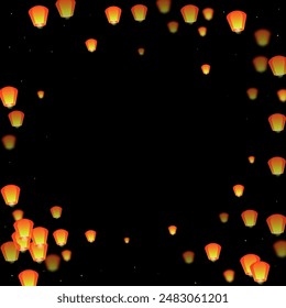 Loy krathong festival card. Thailand holiday with paper lantern lights flying in the night sky. Loy Krathong celebration. Vector illustration on black background.