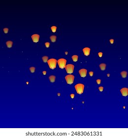 Loy krathong festival card. Thailand holiday with paper lantern lights flying in the night sky. Loy Krathong celebration. Vector illustration on dark blue background.