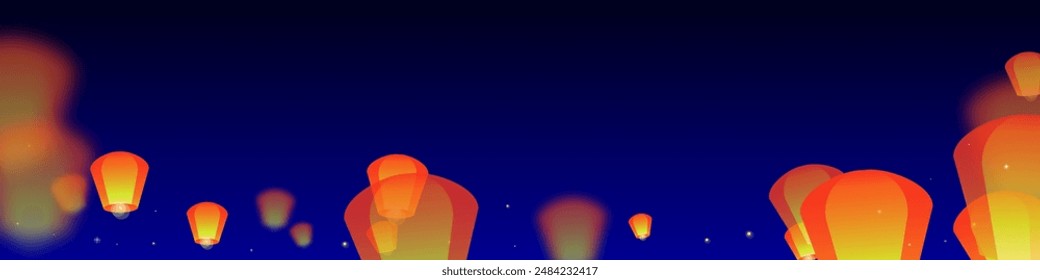 Loy krathong festival card. Thailand holiday with paper lantern lights flying in the night sky. Loy Krathong celebration. Vector illustration on dark blue background.