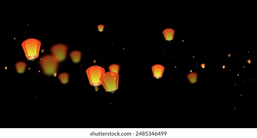 Loy krathong festival card. Thailand holiday with paper lantern lights flying in the night sky. Loy Krathong celebration. Vector illustration on black background.